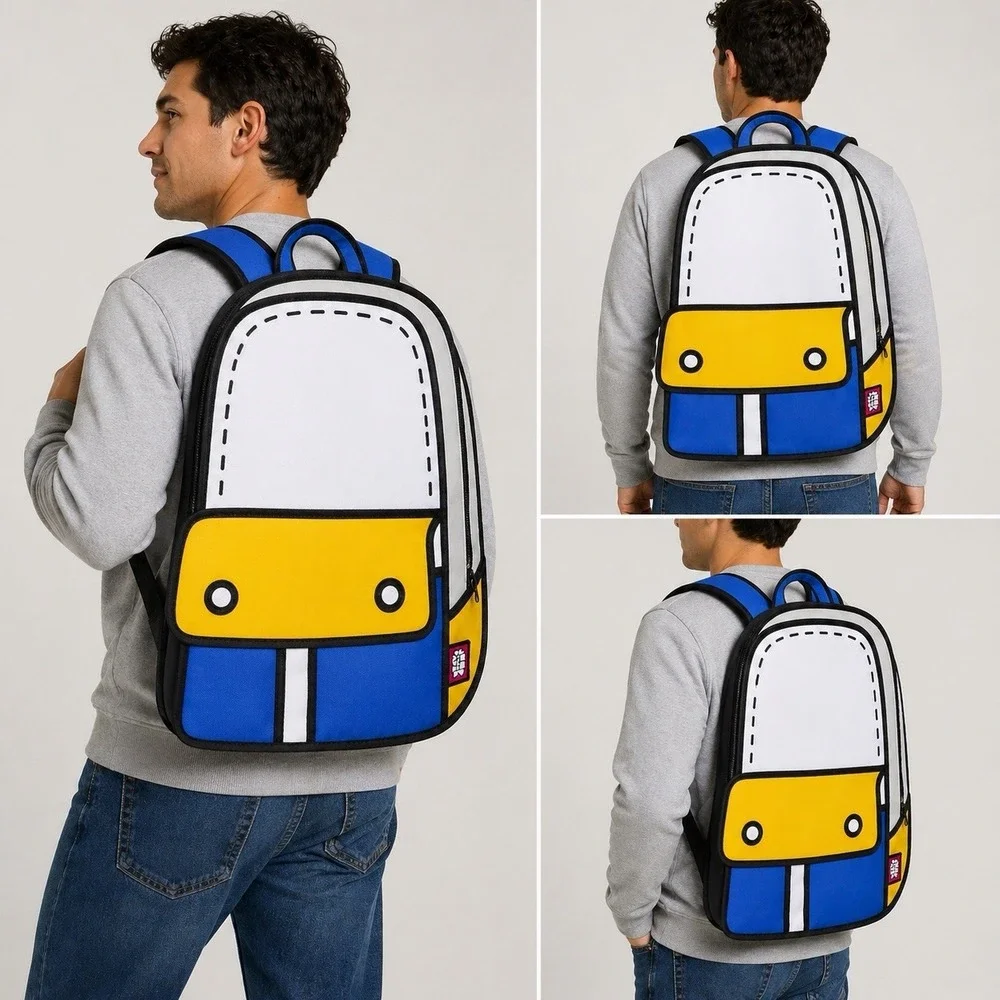 JumpFromPaper 2D Cartoon Backpack Blue‎ Yellow White Comic Optical Illusion Bag